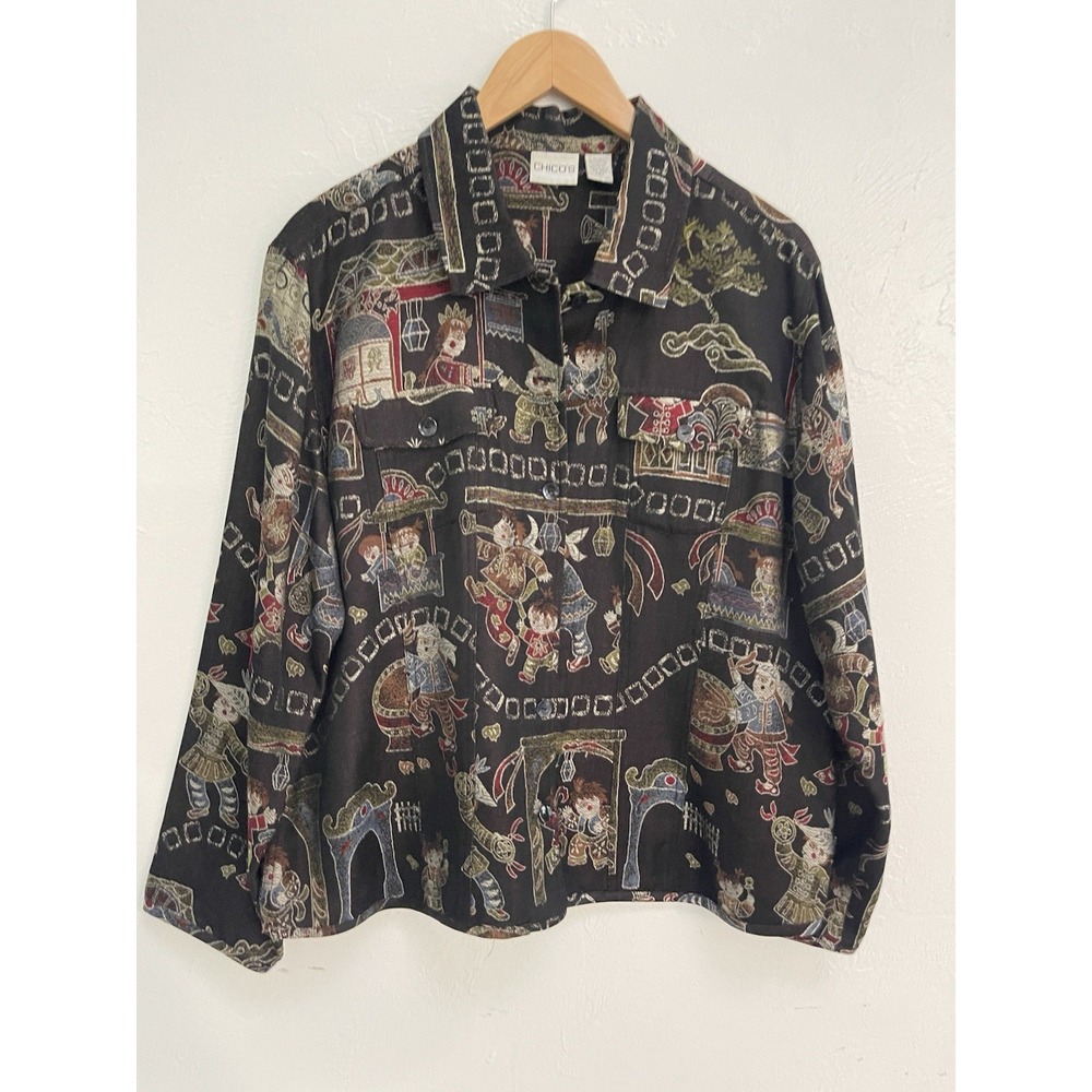 Chicos Silk Blend Button Down Top Blouse Jacket Asian Print Art To Wear Size 3